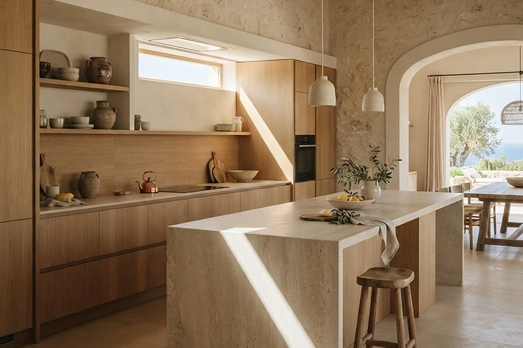 Oak kitchen with a pale stone island and arched openings