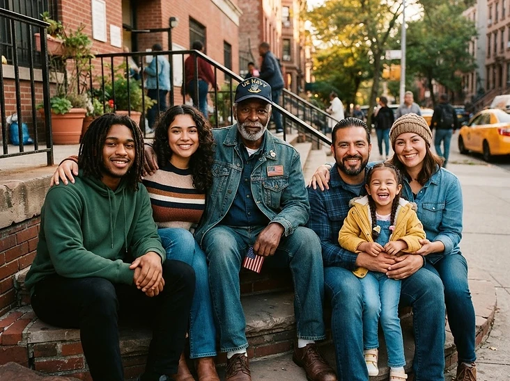 An intergenerational group of Black American and Latino New Yorkers gathered on the steps of a community center