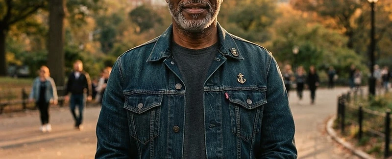 A proud Black American veteran in a denim jacket standing in a New York City park, looking directly into the camera