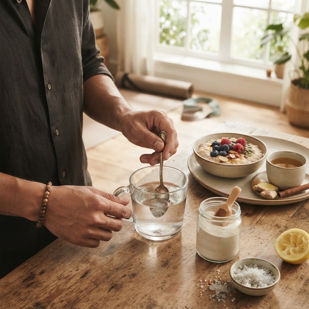 A person drinking warm lemon water to strengthen immune response on a bright morning.