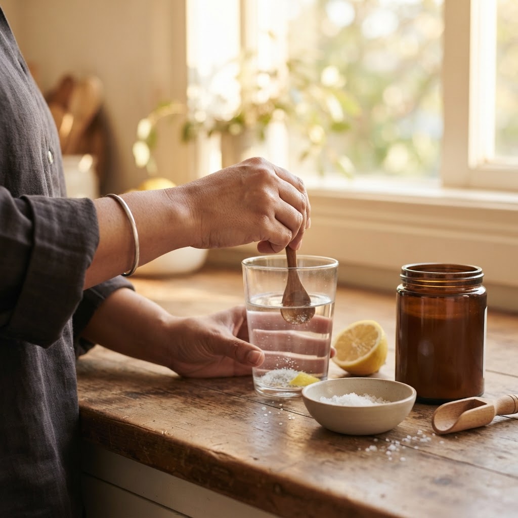 A selection of organic bulk herbs and glass jars on a wooden kitchen counter.