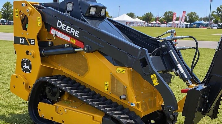 John Deere 12G mini skid steer on display at Equip Exposition 2026, showing the John Deere logo and 12G model designation