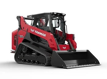 Yanmar TL100VS compact track loader, red machine with enclosed cab, black bucket, and rubber tracks