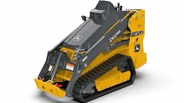 John Deere 12G mini skid steer, official Deere product photo showing the John Deere logo and 12G model designation
