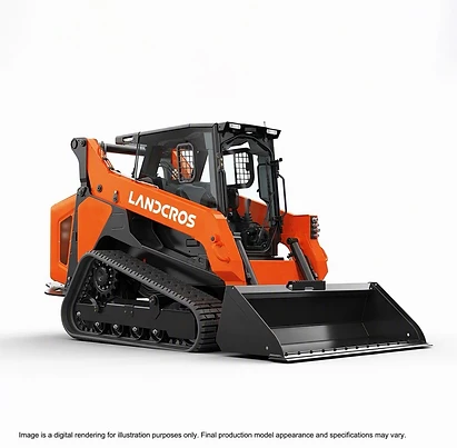 Hitachi LANDCROS compact track loader digital rendering, orange machine with enclosed cab and black tracks on a white background
