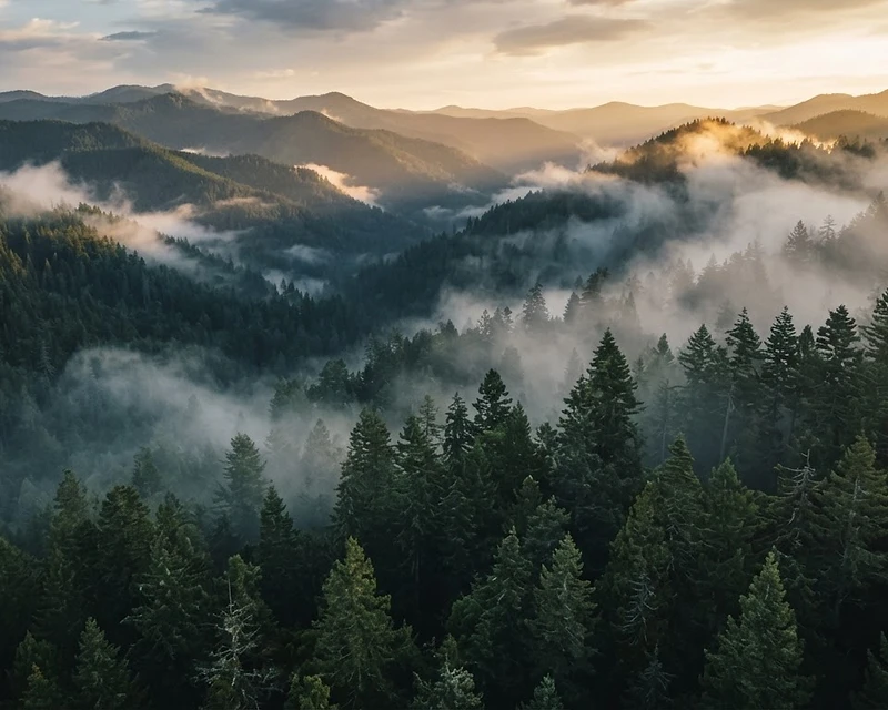 Southern Oregon fog rolling through pine forest at golden hour