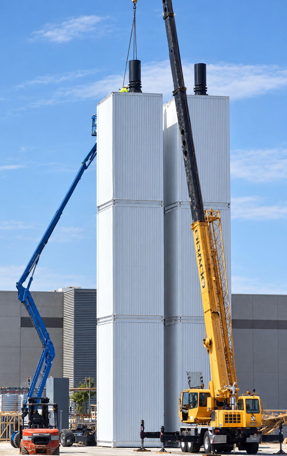 RoXteel modular plenum towers assembled on site with a crane