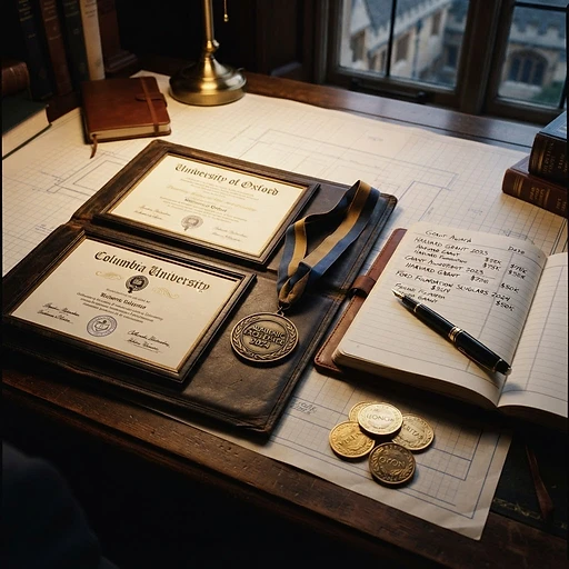 Mikael Davis's desk with diplomas, awards, and achievement ledger