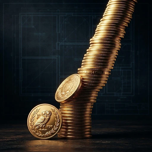 A single gold coin growing into a towering stack