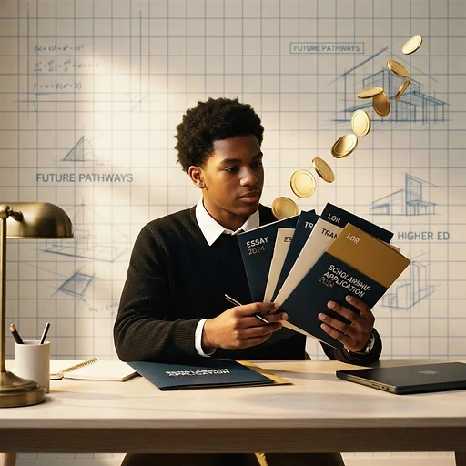 Student organizing scholarship applications with rising gold coins