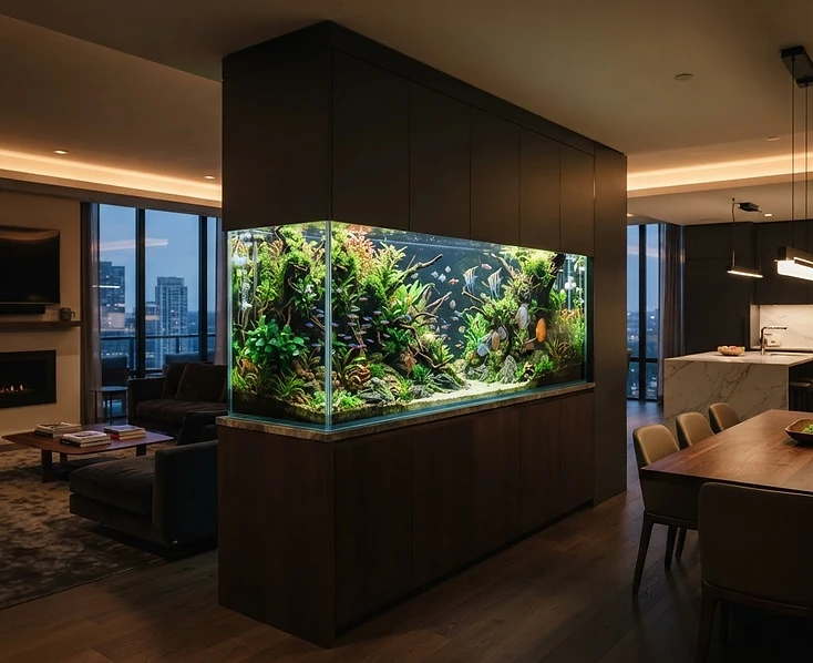 Built-in peninsula planted freshwater aquarium as a room divider in a luxury modern home