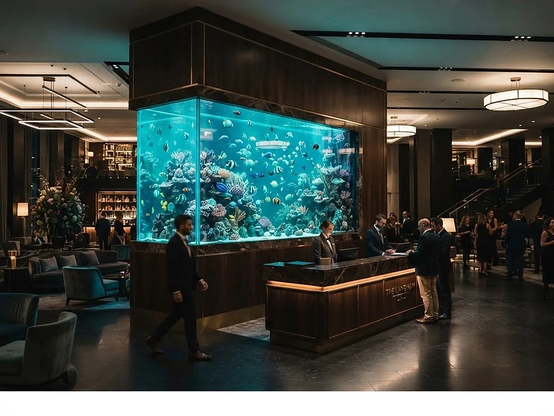 Large luxury aquarium built into a corporate reception wall