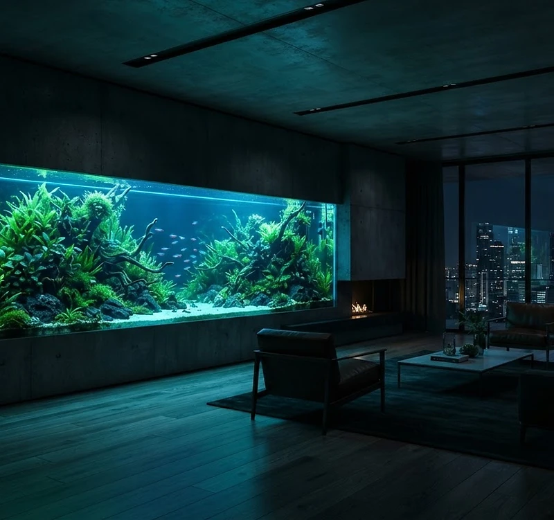 Illuminated planted aquarium in a dark luxury interior