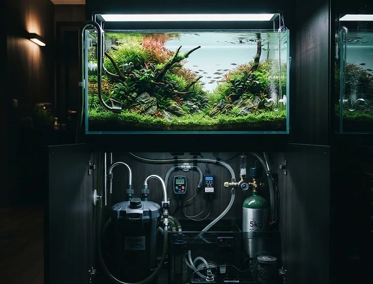 Planted aquarium CO₂ and filtration system with LED lighting and dosing equipment