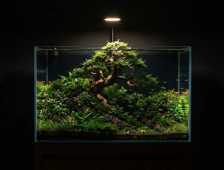 Mature planted aquascape showing light, plant colour and hardscape structure