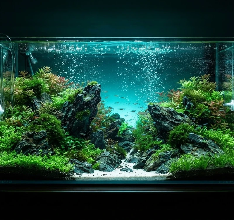 Mature planted freshwater aquascape integrated into a luxury modern interior