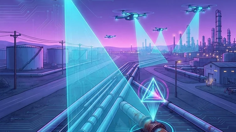 Drones autónomos con visión computacional monitoreando ductos de petróleo para detectar fallas