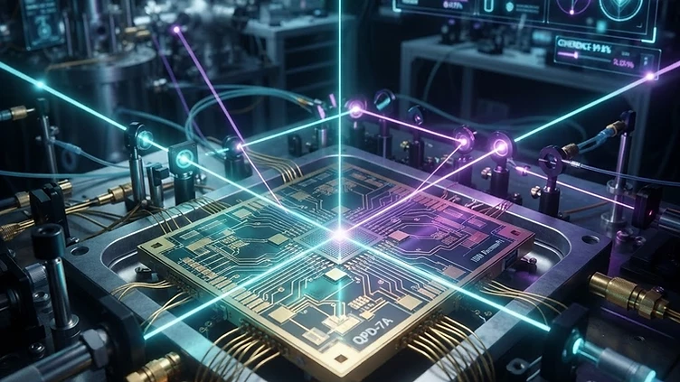 A microscopic view of a quantum device interacting with light beams.