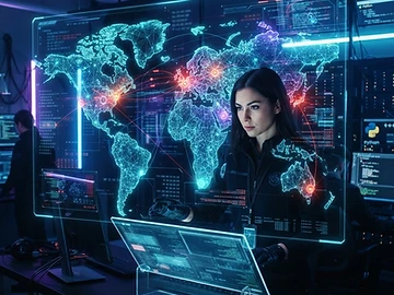 Mapa digital mostrando nodos de red bajo ataque cibernético.