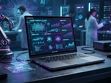 A modern high-performance laptop displaying complex data visualization software.