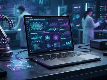 A modern high-performance laptop displaying complex data visualization software.