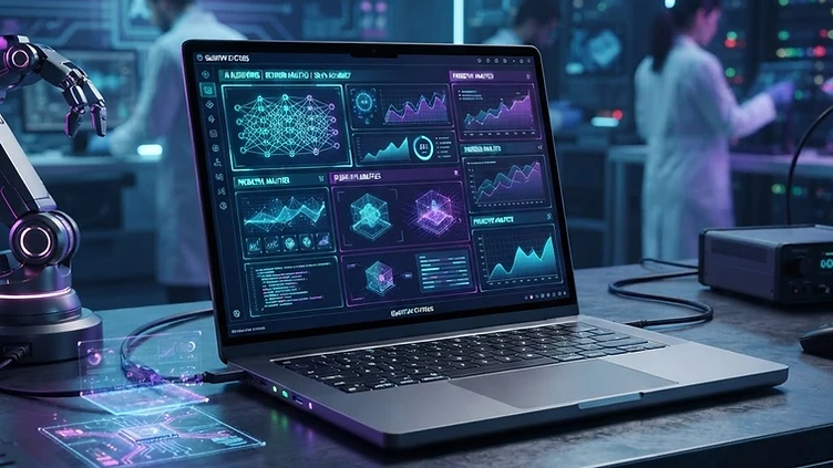 A modern high-performance laptop displaying complex data visualization software.