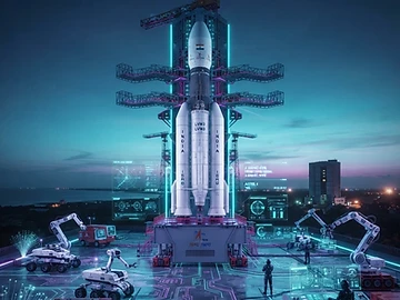 The LVM3 rocket standing on the launch pad at the Satish Dhawan Space Centre.