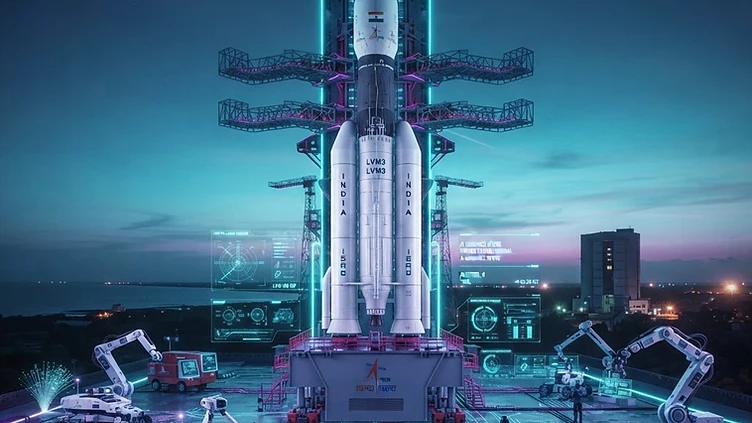 The LVM3 rocket standing on the launch pad at the Satish Dhawan Space Centre.