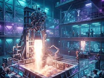 A rocket engine test firing in a high-tech aerospace facility.