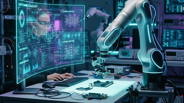 A robotic arm in a laboratory setting controlled by an AI interface.