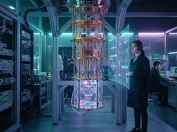 Interior de un laboratorio de computación cuántica con un procesador criogénico expuesto.