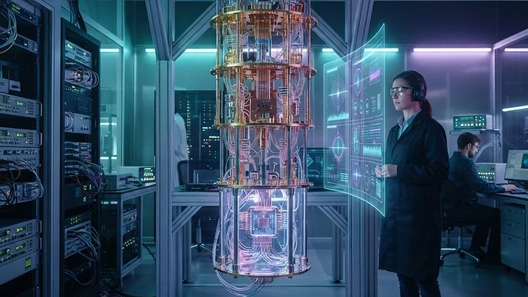Interior de un laboratorio de computación cuántica con un procesador criogénico expuesto.