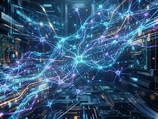 Representación abstracta de redes neuronales y datos digitales en tonos azules y dorados.