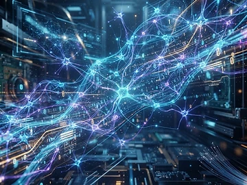 Representación abstracta de redes neuronales y datos digitales en tonos azules y dorados.