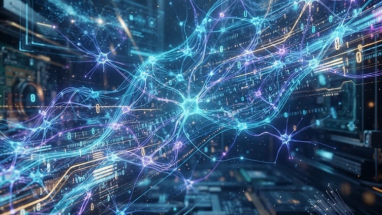 Representación abstracta de redes neuronales y datos digitales en tonos azules y dorados.