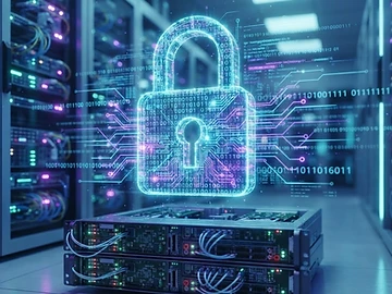 Concepto de ciberseguridad con un candado digital y código binario.