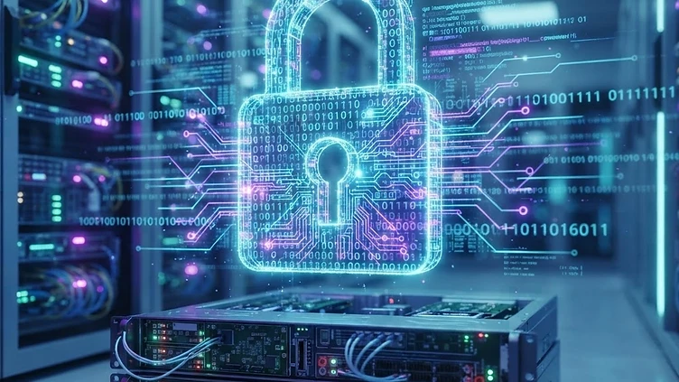 Concepto de ciberseguridad con un candado digital y código binario.