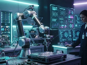 Brazo robótico de laboratorio operando bajo control de un sistema de inteligencia artificial.