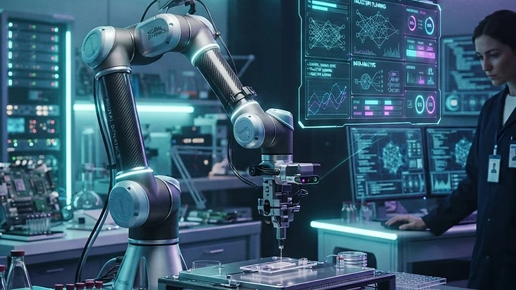 Brazo robótico de laboratorio operando bajo control de un sistema de inteligencia artificial.