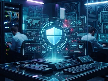 Logotipo de Microsoft Defender sobre una interfaz de seguridad digital.