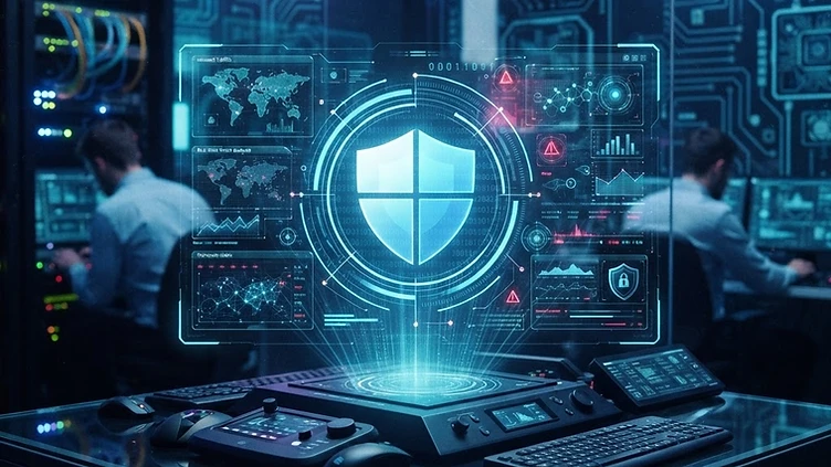 Logotipo de Microsoft Defender sobre una interfaz de seguridad digital.
