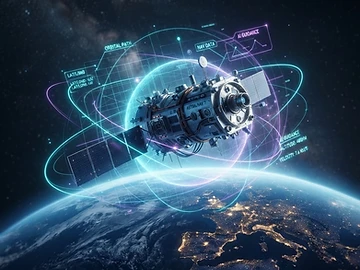 Satélite artificial orbitando la Tierra con una representación de datos de navegación.