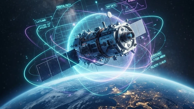 Satélite artificial orbitando la Tierra con una representación de datos de navegación.