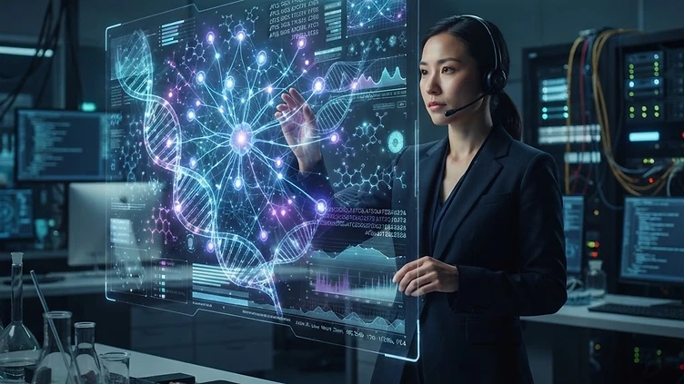 Visualización digital de conexiones neuronales y datos genéticos.