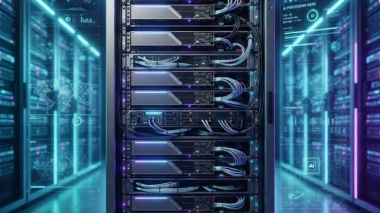 Nvidia graphics processing units arranged in a server rack.