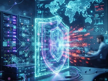 A digital visualization of a cybersecurity firewall protecting a network.