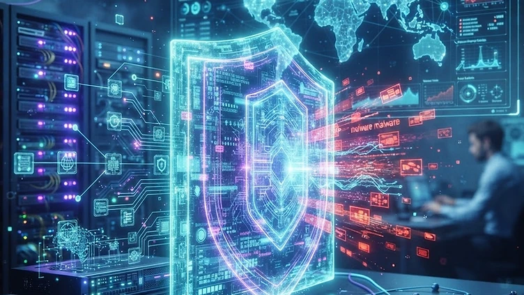 A digital visualization of a cybersecurity firewall protecting a network.
