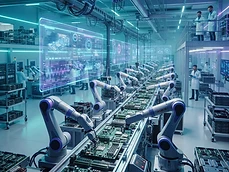A high-tech manufacturing facility showing automated assembly lines for server components.