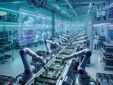 A high-tech manufacturing facility showing automated assembly lines for server components.