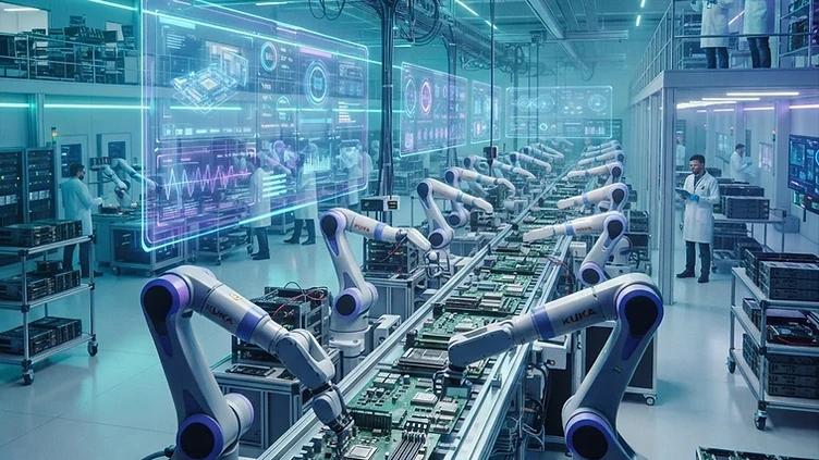 A high-tech manufacturing facility showing automated assembly lines for server components.